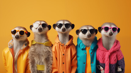 Stylish Meerkat Group in Bright Outfits Isolated on Solid Background - Perfect for Advertisements...