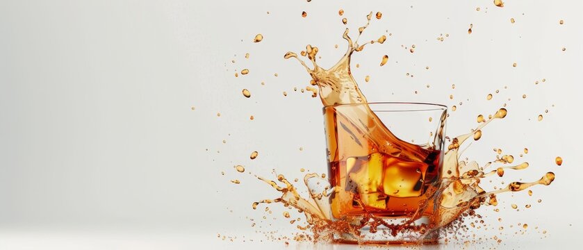 Render, illustration, dynamic liquid splashes, whiskey splash, tea, beer, isolated on white.