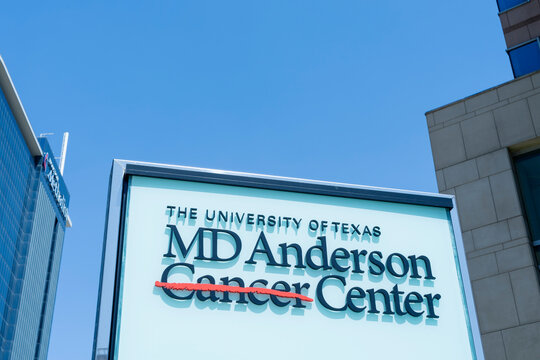 Houston, Texas, USA - April 3, 2024: University of Texas MD Anderson Cancer Center logo sign at Texas Medical Center in Houston, Texas, the largest cancer center in the U.S.