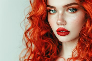 Fototapeta premium Fashion portrait of woman with long curly red hair.