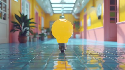 A single fluorescent bulb shines brightly in a 3D rendered scene, casting a yellow glow that represents the power of ideas, electricity generation, and the importance of energy conservation - obrazy, fototapety, plakaty