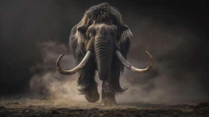 Striking image of a lifelike mammoth approaching amidst a dusty haze