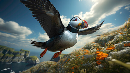 A comical puffin with its distinctive beak, captured mid-flight against a dramatic coastal landscape. - obrazy, fototapety, plakaty