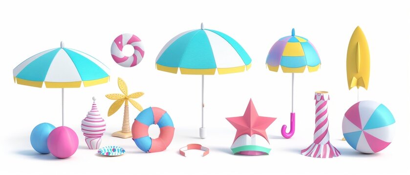 Summer holiday clip art set, 3d render of a decorative paper craft, beach umbrella, hat, and ball, isolated on white