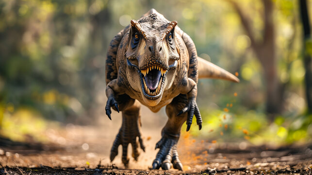 Lifelike dinosaur photographed in motion, running towards the viewer in a forest setting