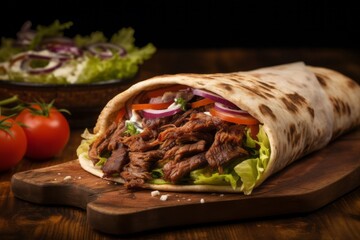 Hearty doner kebab on a wooden board against a woolen fabric background