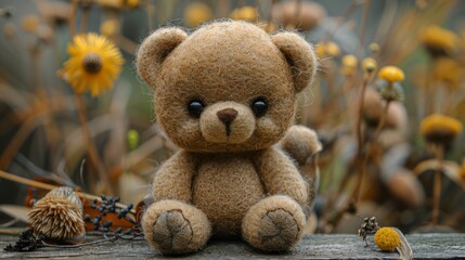 Cute child felt bear made of felt sitting on a felt table.