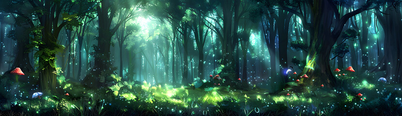 Beautiful illustration of forest at night - obrazy, fototapety, plakaty