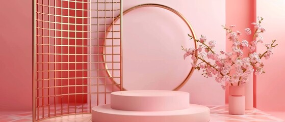 A 3D render with an abstract geometric background, a cylinder podium, minimalistic primitive shapes, a modern mockup, a blank template, a rose gold metal grid, an empty showcase, a shop display, and