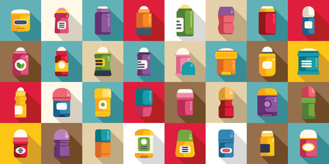 Roll deodorant icons set flat vector. Fashion antiperspirant. Skin perfume cosmetic