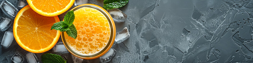 Vibrant refreshment: droplets shine, radiating the zesty aroma and tangy allure of fresh orange juice. - obrazy, fototapety, plakaty