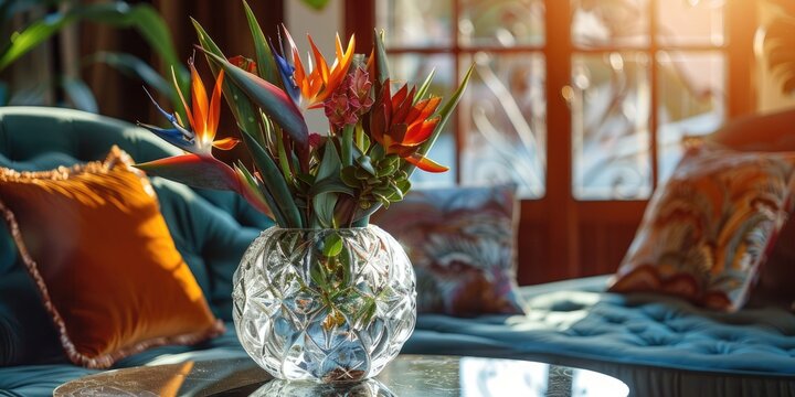 Beautiful bird of paradise flower arrangement in a crystal vase