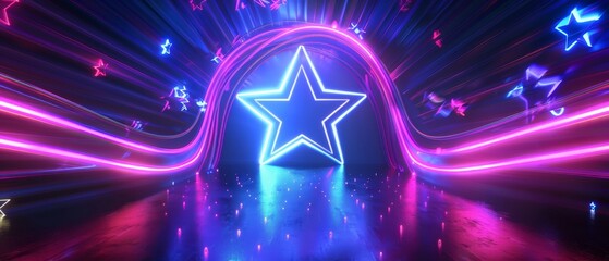 A 3D render with ultraviolet neon star shapes, glowing lines, virtual reality, a tunnel and portal, an abstract fashion background with violet neon lights, an arch, blue pink spectrum vibrant colors,