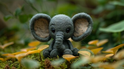 Cute child felt elephant made of felt on a living nature 