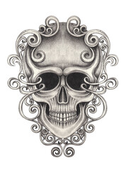 Skull tattoo mix vintage art design by hand drawing on paper.
