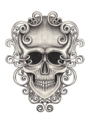 Fototapeta premium Skull tattoo mix vintage art design by hand drawing on paper.