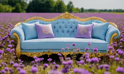 Gordijnen Pastel blue vintage luxury sofa stands in a field of purple lavande flowers mock up, copy space. © Julija AI