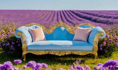 Deurstickers Pastel blue vintage luxury sofa stands in a field of purple lavande flowers. © Julija AI