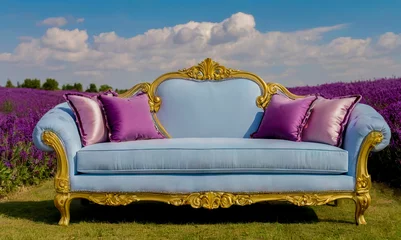 Fensteraufkleber Mock up pastel blue classic vintage sofa stands in a field of purple lavande flowers. © Julija AI