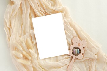 Blank card, mockup for baby shower invitation, baby announcement card, happy birthday card design, bohemian nursery style.