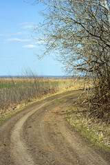 A narrow dirt road through arable land in early spring.
