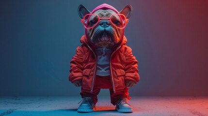  a cute character with the head of a bulldog and a human body. The character should be styled in 3D animation style,  - obrazy, fototapety, plakaty