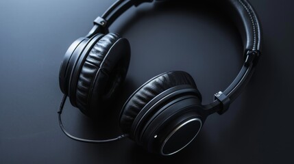 Fototapeta na wymiar Stylish black over-ear headphones with a sleek design, resting on a reflective dark surface