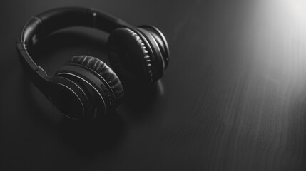 Fototapeta na wymiar Stylish black over-ear headphones captured in a high-contrast, monochromatic setting