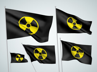 Black vector flags with radioactive symbol. A set of wavy 3D flags with flagpoles isolated on white background, created using gradient meshes
