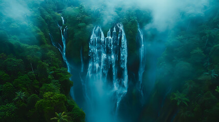 An aerial view of a majestic waterfall cascading down a lush tropical ravine - Powered by Adobe