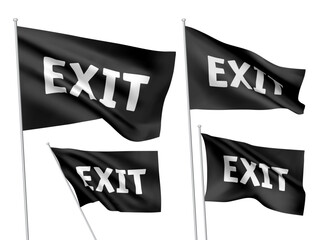 Vector flags with EXIT text. A set of wavy 3D flags with flagpoles isolated on white background, created using gradient meshes