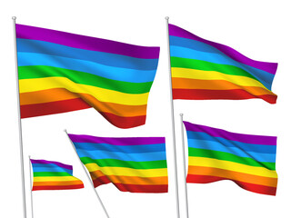 Vector rainbow flags. A set of wavy 3D flags with flagpoles isolated on white background, created using gradient meshes
