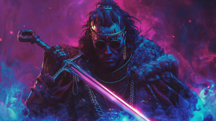 portrait of a nordic warrior with a sword in neon colors - obrazy, fototapety, plakaty