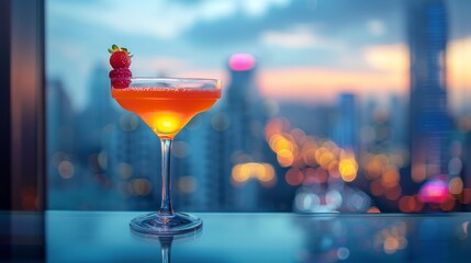 Blurred background of strawberry martini cocktail on a roof top bar background. A cocktail glass of red alcohol strawberry martini cocktail at the roof top bar. Selective focus.