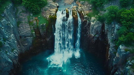 An aerial view of a majestic waterfall cascading down rocky cliffs into a pool below