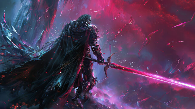 portrait of a nordic warrior with a sword in neon colors