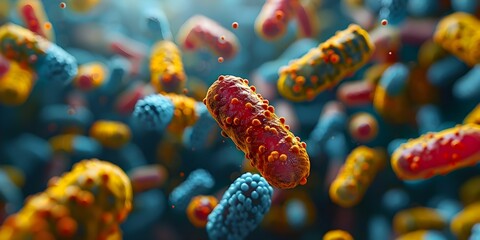 Microscopic View of Probiotic Bacteria in Human Stomach, Including Escherichia Coli and Other Beneficial Organisms Supporting Digestion and Health. Concept Probiotic Bacteria, Microscopic View - obrazy, fototapety, plakaty