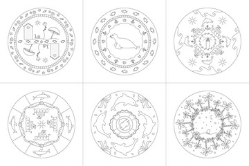 Mandalas. Sea Theme. Coloring pages. Vector illustration. Set No. 2.