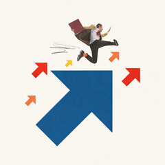 Contemporary art collage. Young man dressed smart casual retro outfit and jumping over colorful arrows symbolizing career development. Concept of business, career, employers, team. Copy space for ad