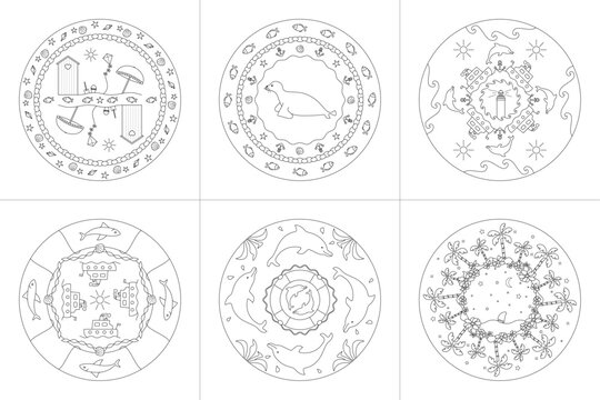 Mandalas. Sea Theme. Coloring pages. Vector illustration. Set No. 2.