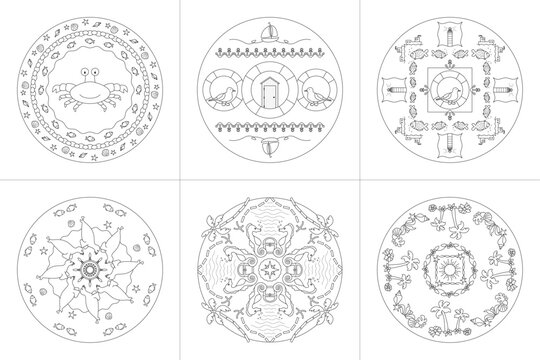 Mandalas. Sea Theme. Coloring pages. Vector illustration. Set No. 4. 