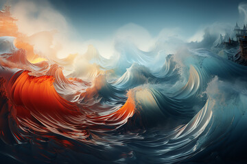 Fantasy Ocean Waves with Surreal Sunset. - obrazy, fototapety, plakaty