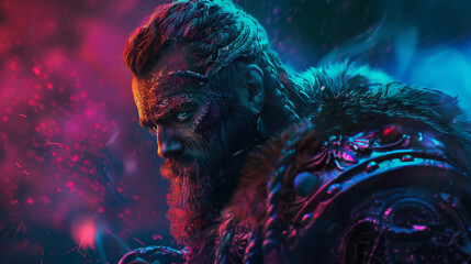 portrait of a nordic warrior with a sword in neon colors