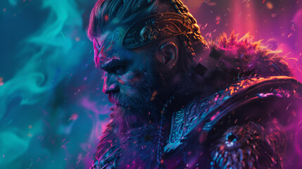 portrait of a nordic warrior with a sword in neon colors