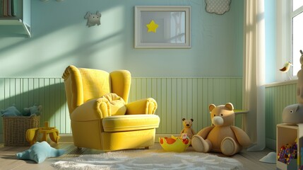 Children playroom with armchair, doll, toys.