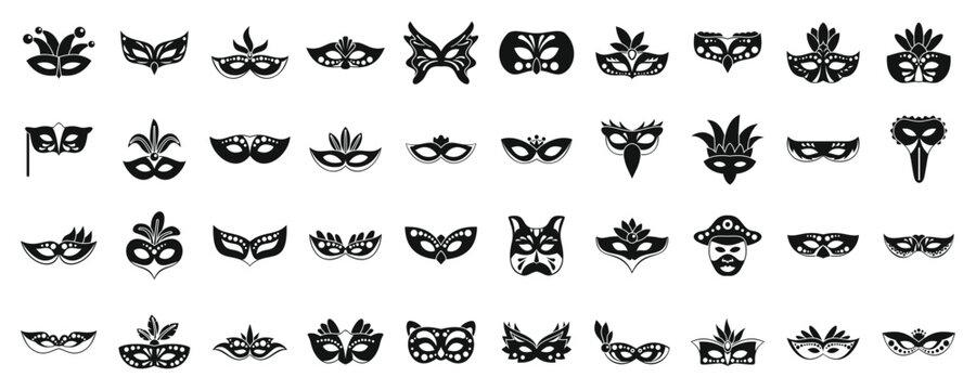 Carnival of Venice icons set simple vector. Costume mask. Hero italy fashion