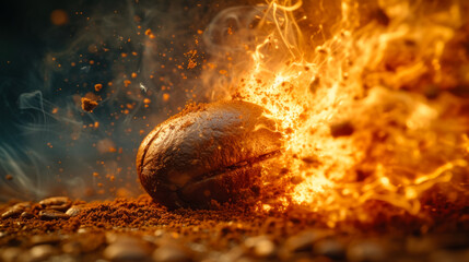 free space on the left corner for title banner with macro photography of a fragmented explosion of a single coffee bean - obrazy, fototapety, plakaty