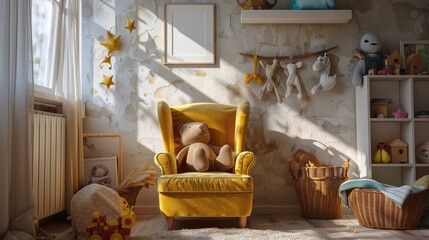 Children playroom with armchair, doll, toys.