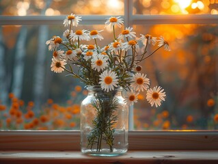 Daisies in glass jar on windowsill, garden view outside, gentle morning light, cozy indoor perspective.