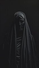 Gothic medieval nun portrait with long valadon, face in darkness